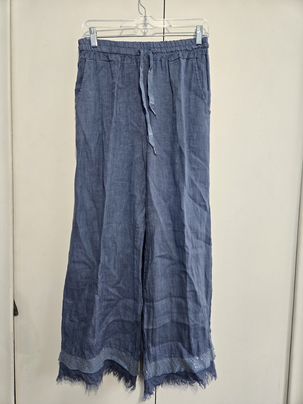 Bella Amore Italian Linen Wide Leg Pants Blue Frayed Hem Sequin Trim Boho S/M